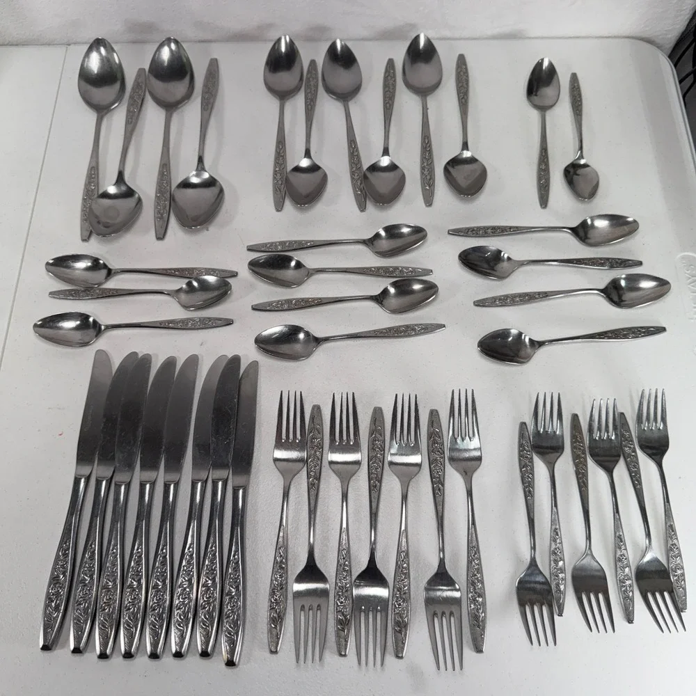 Eldan 44pc Flatware Set Stainless Japan Rose Floral Vintage Silverware Service